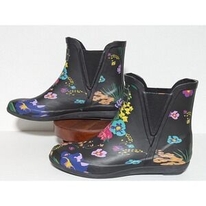 London Fog Women's Piccadilly Ankle High Rain Boots Size 9M Black & Multi Floral